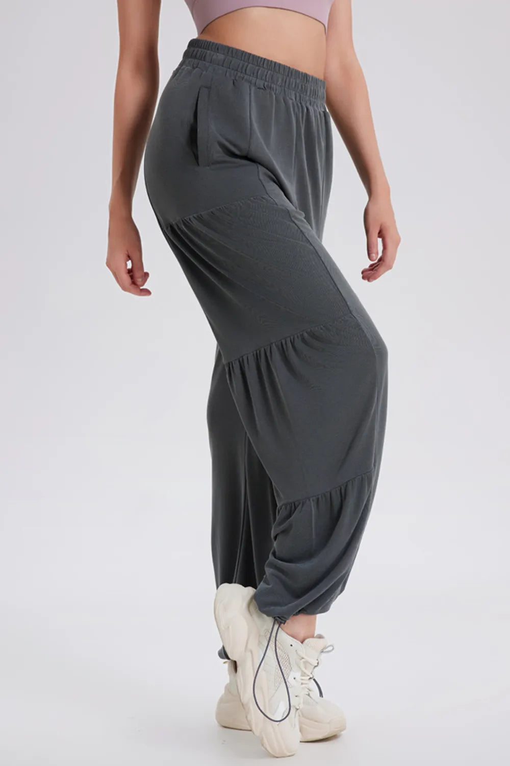 Women's Ruched Drawstring Joggers | Elastic Waist, 5 Colors - Black