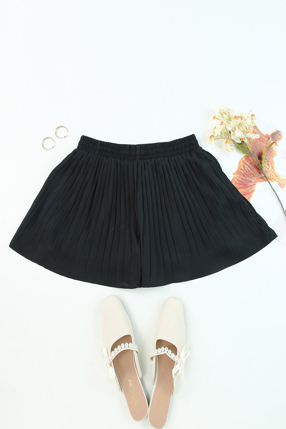 Women's Black Pleated Drawstring Shorts | Flowy Summer Shorts