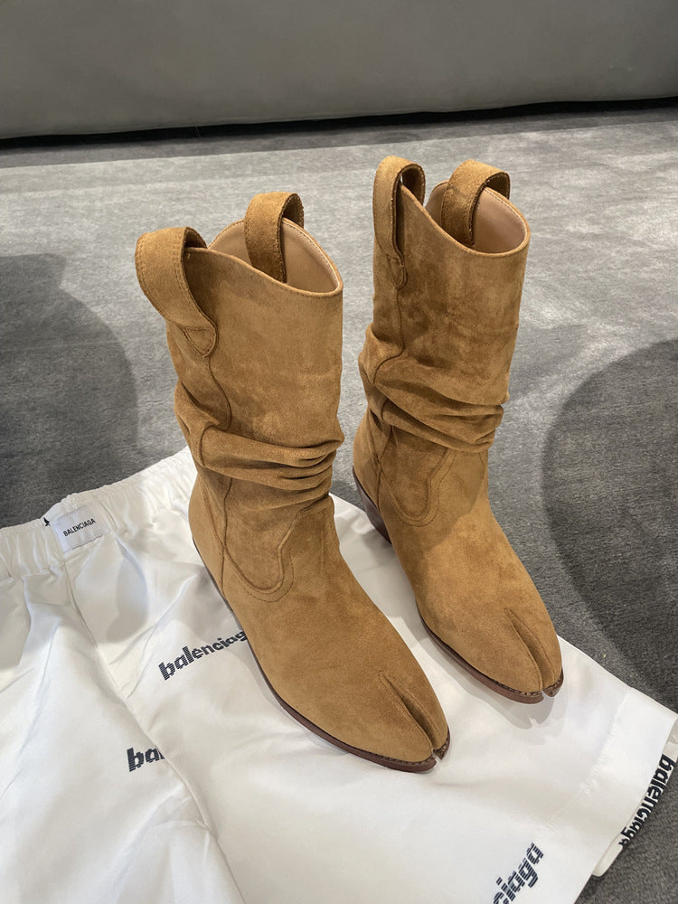 Women's Tabi Split-Toe Ankle Boots | Pleated Cowhide, Chunky Heel