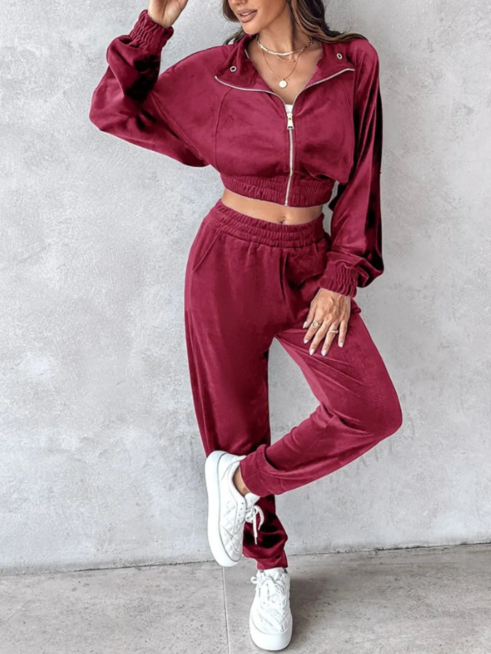 Zip Up Long Sleeve Cropped Top and Joggers Set - Navy