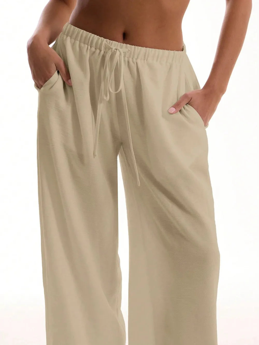Women's Drawstring Wide Leg Pants | Pockets, 4 Colors - Black