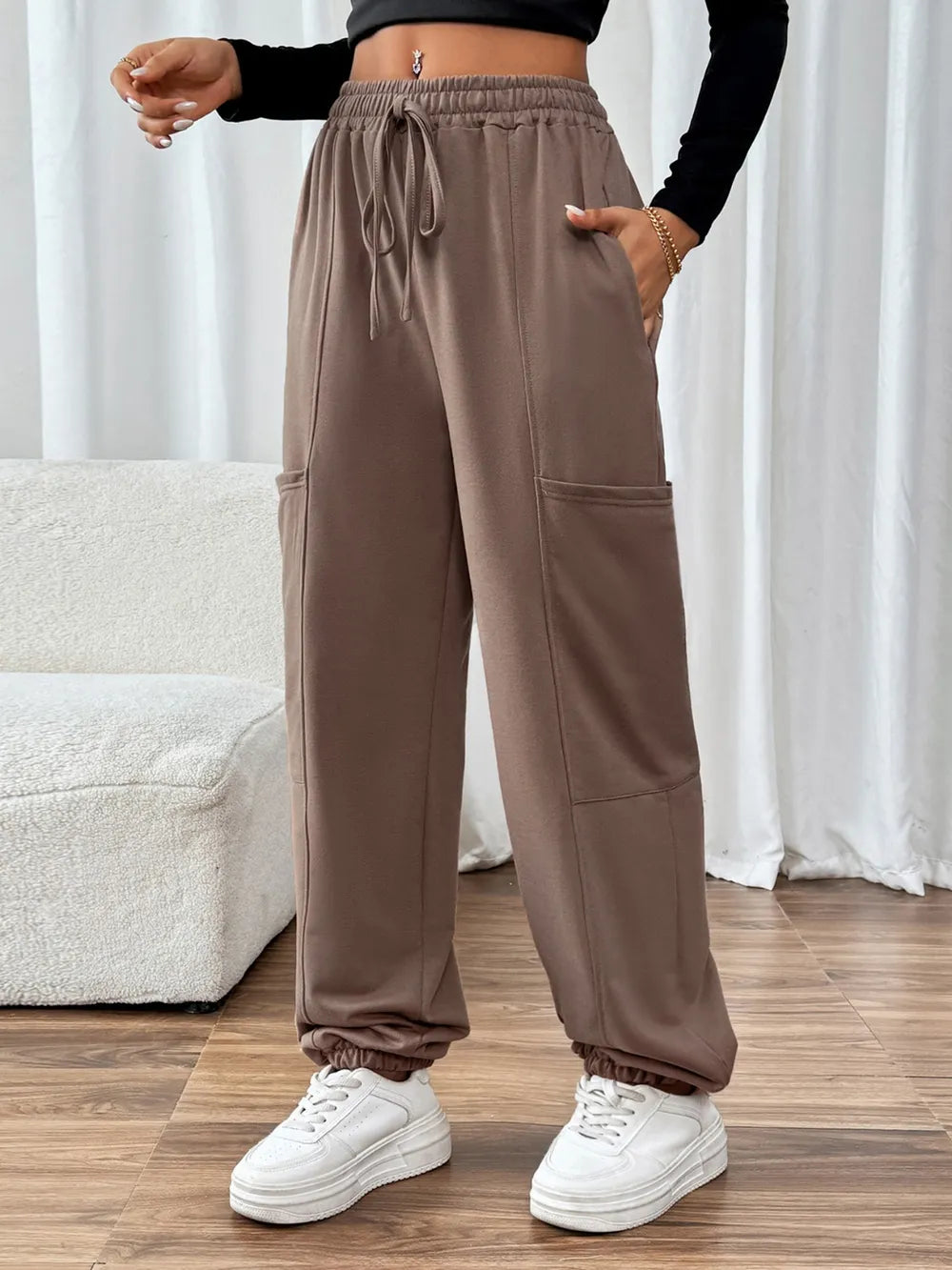 Women's Taupe Tied Joggers | Cotton Blend with Pockets