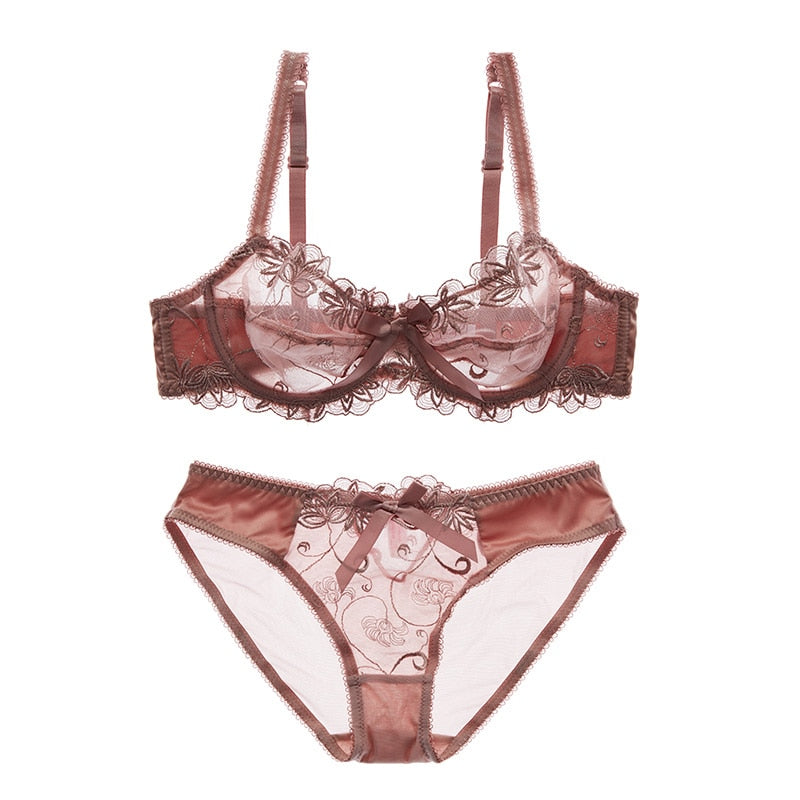Women's Floral Embroidered Bra & Panty Set | Sheer Underwire, 3/4 Cup - Purple