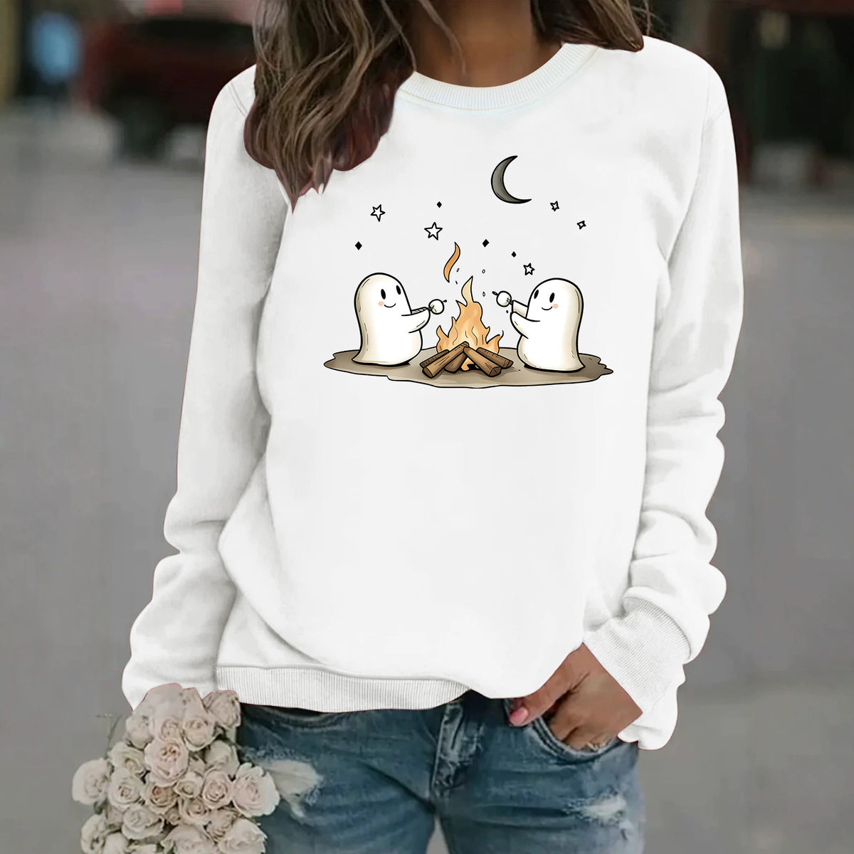 Printed Round-Neck Fleece Hoodie for Women - Pink