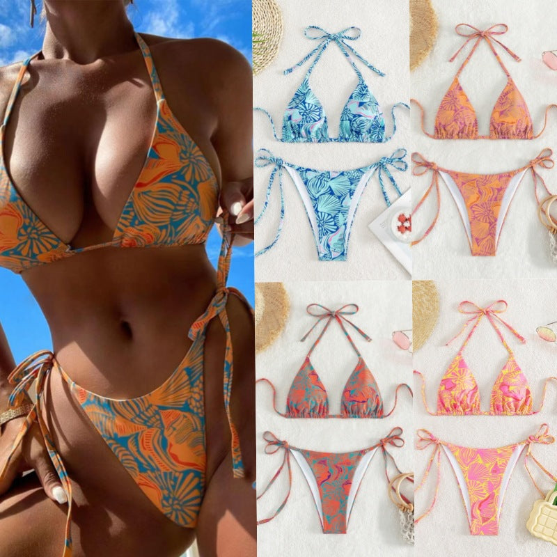 Women's Floral Two-Piece Swimsuit | Padded Soft Cups, 5 Colors - Deep Blue with White Flowers