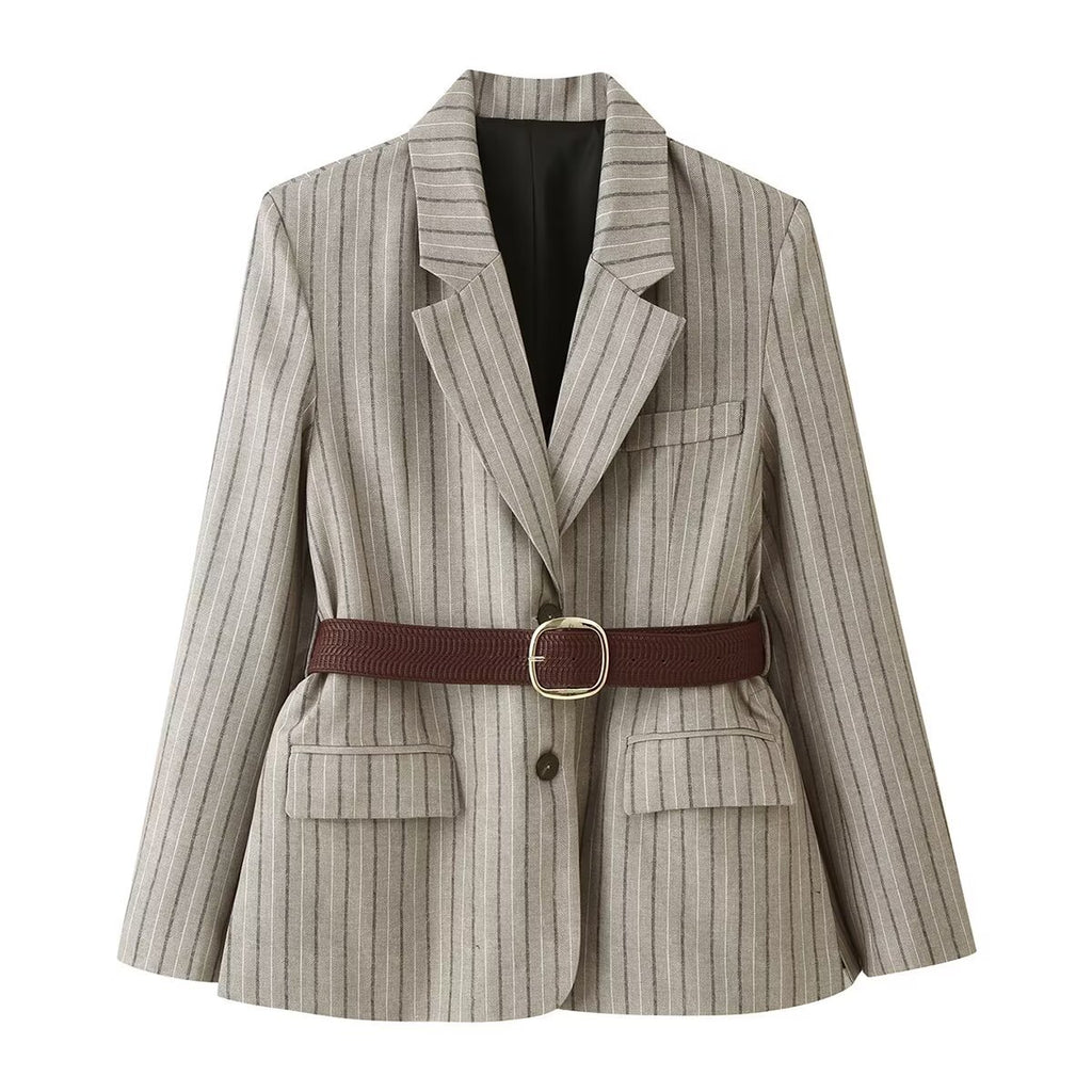 Women's Herringbone Belted Suit Jacket | Single-Breasted, Stripe