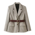 Women's Herringbone Belted Suit Jacket | Single-Breasted, Stripe