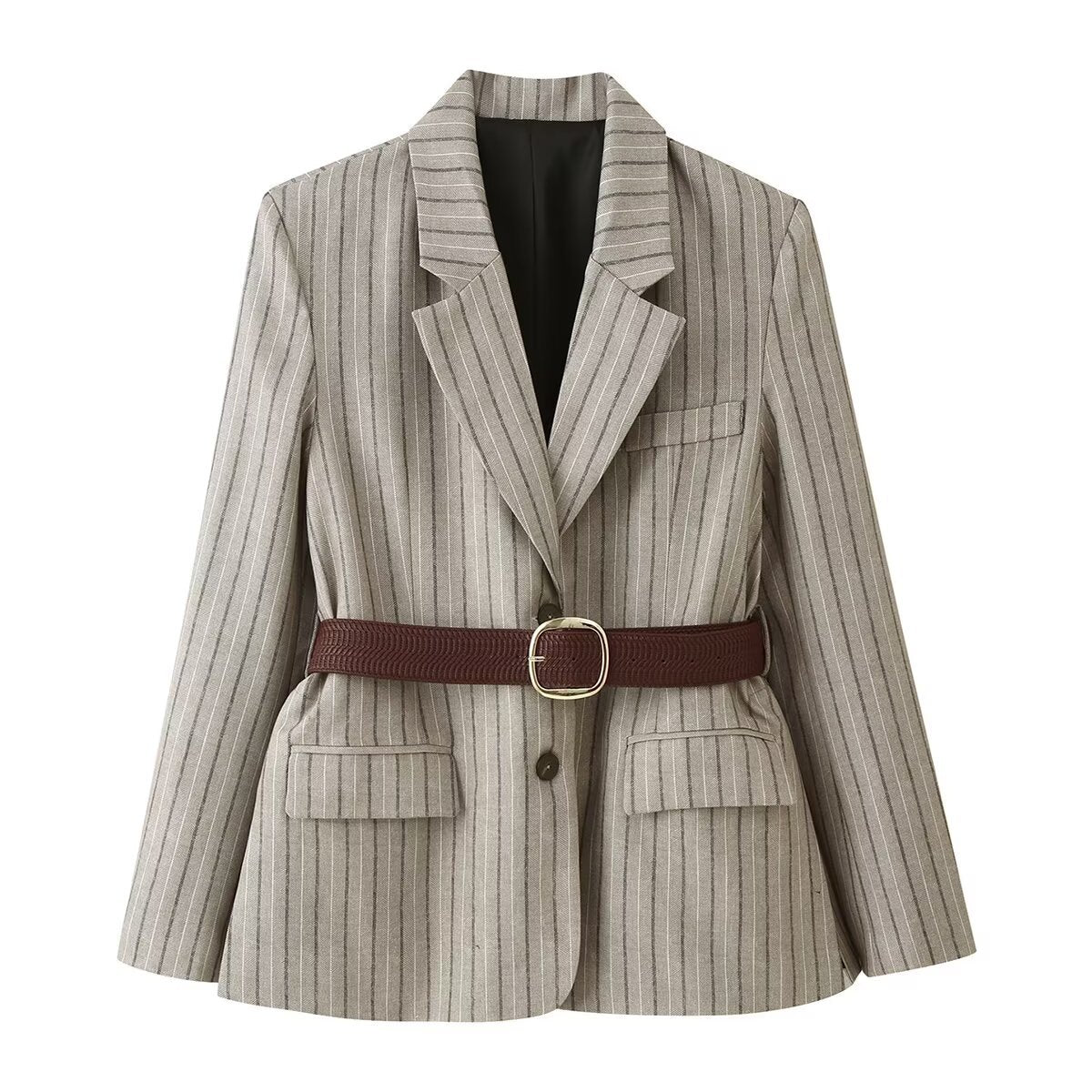 Women's Herringbone Belted Suit Jacket | Single-Breasted, Stripe