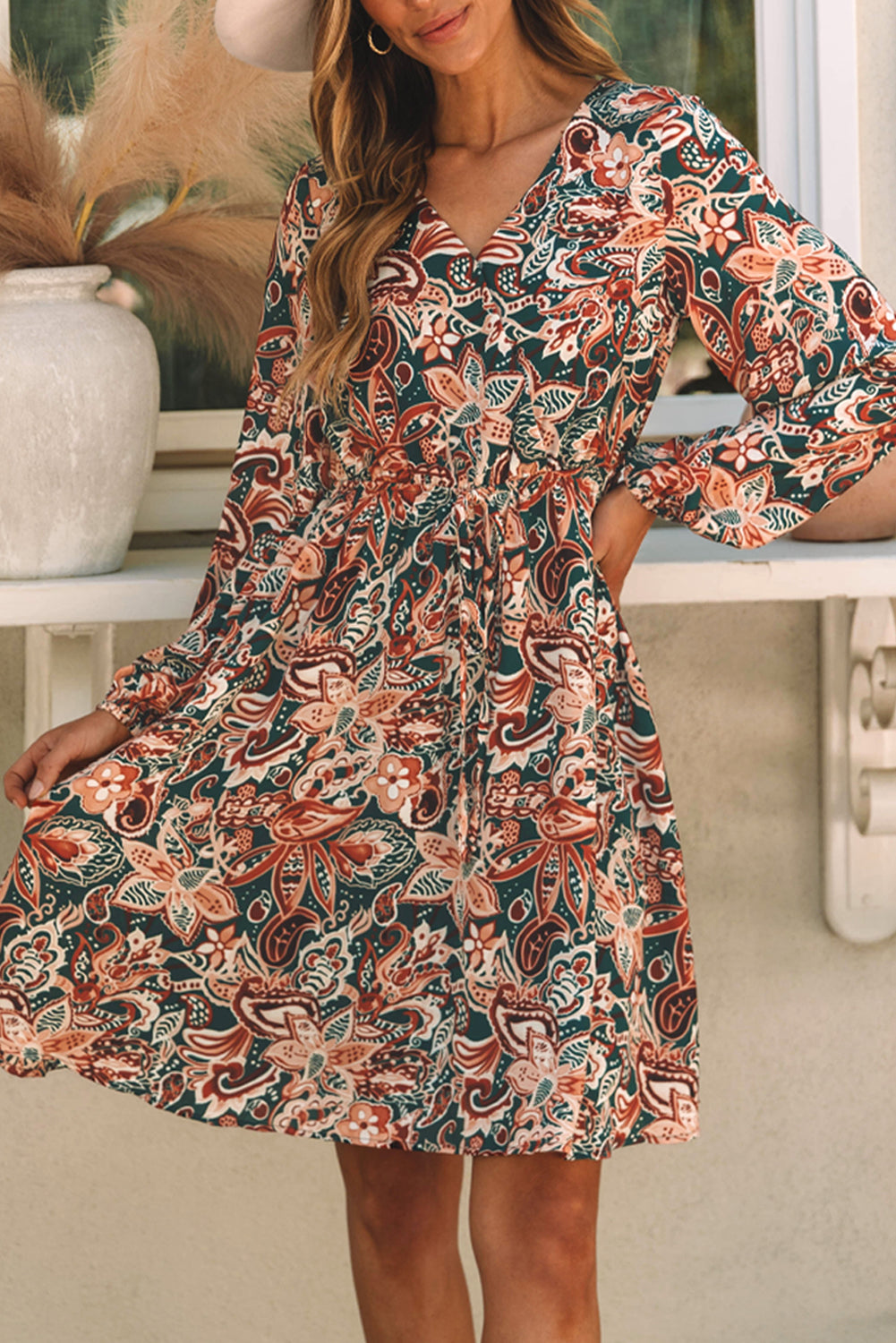 Women's Brown Geometric Print Surplice Dress | Long-Sleeve Flowy Dress