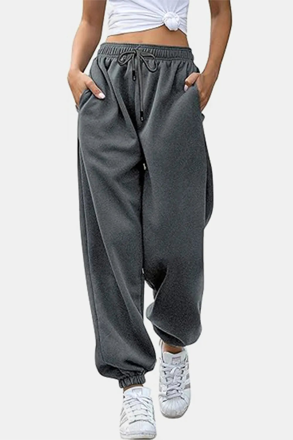 Women's High-Waist Drawstring Joggers | Pockets, Black/Gray/Tan