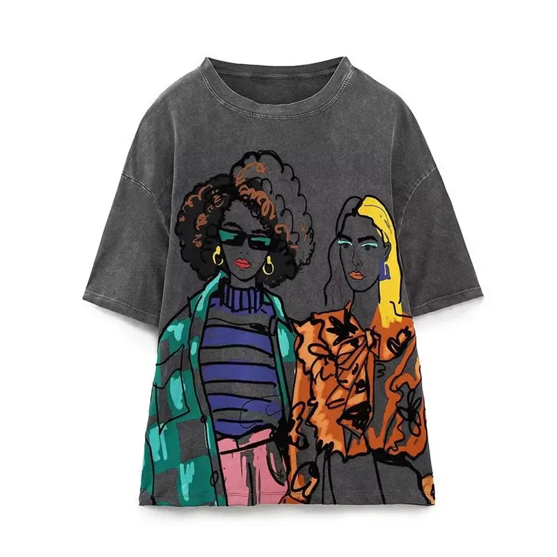 Women's Dark Gray Print T-Shirt | Cotton, Loose O-Neck