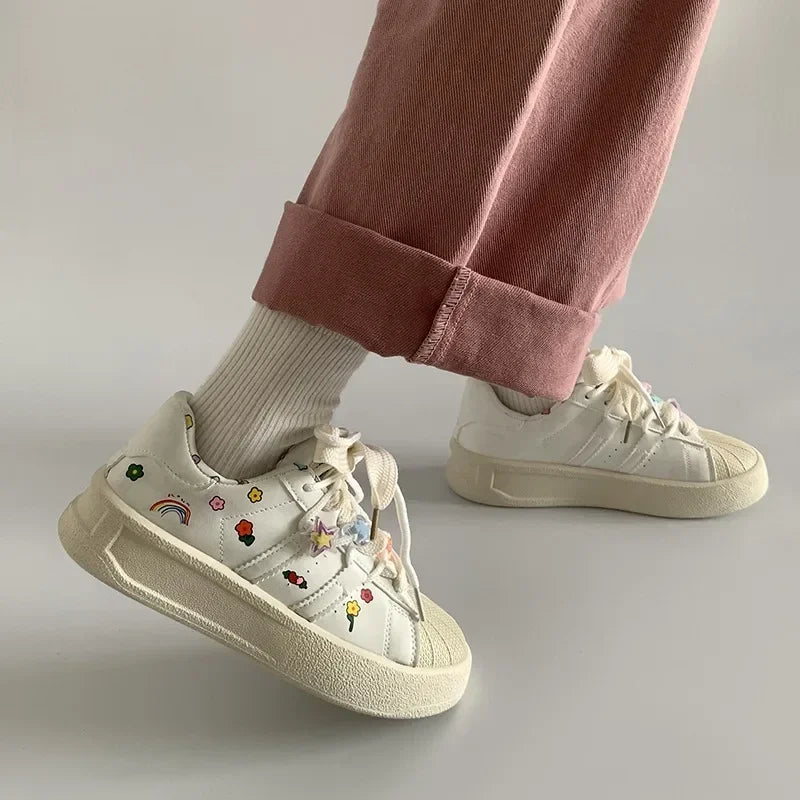 Women's White Chunky Platform Sneakers | Lace-Up, PU Upper