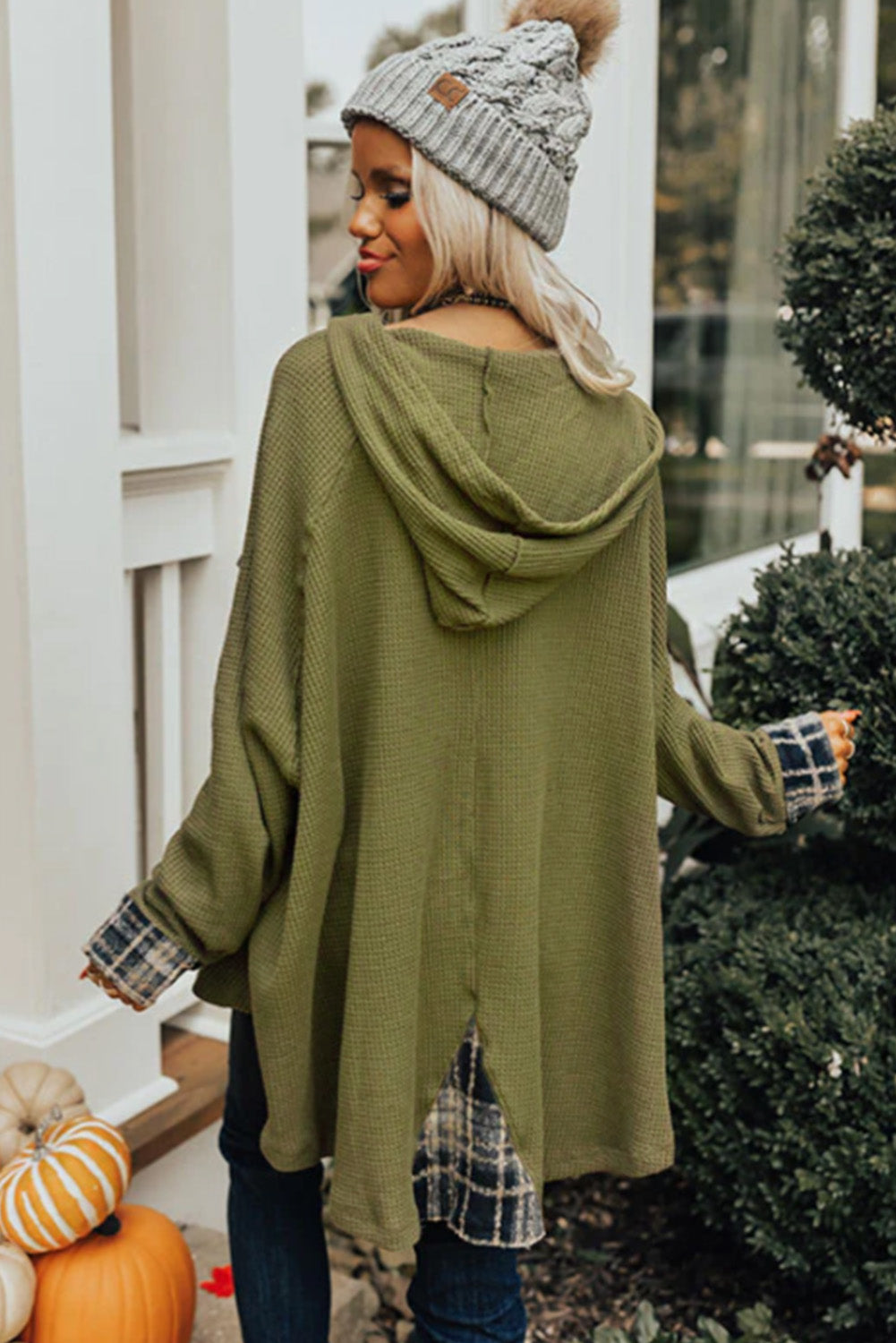 Women's Green Waffle Knit Henley Hoodie | Oversized, Plaid Trim