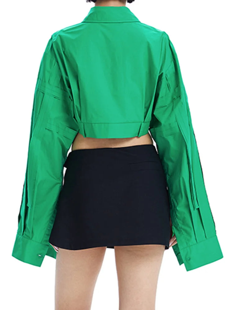 Women's Green Patchwork Short Shirt Top | Cotton, Long Sleeve