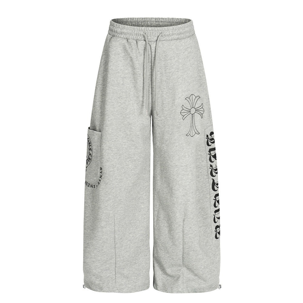 Women's Letter Print Wide Leg Pants | Drawstring Waist, Pink & Gray