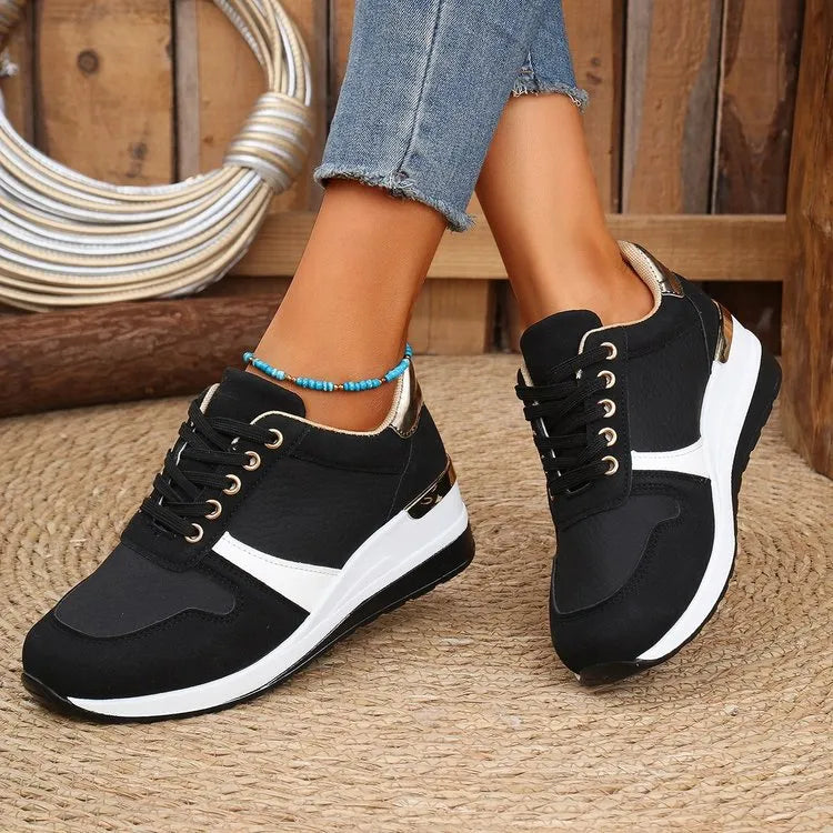Women's Lace-Up Wedge Sneakers | Mid Heel, PU Upper, 4 Colors