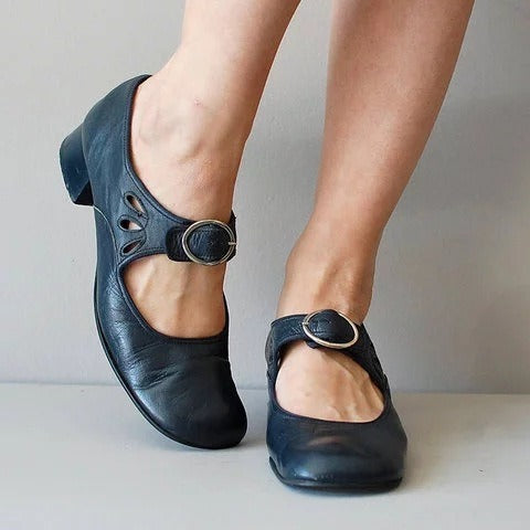 Women's Low Heel Buckle Shoes | Round Toe, PU Upper, 4 Colors
