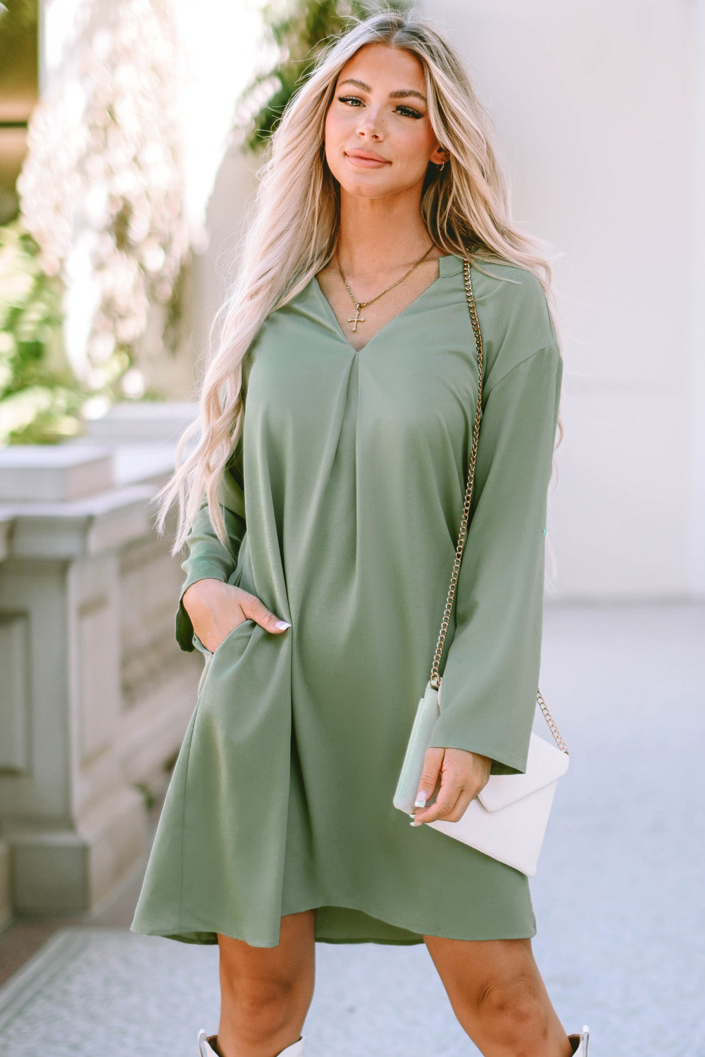 Women's Green Roll-Tab Sleeve Dress | Notched V-Neck, Flowy
