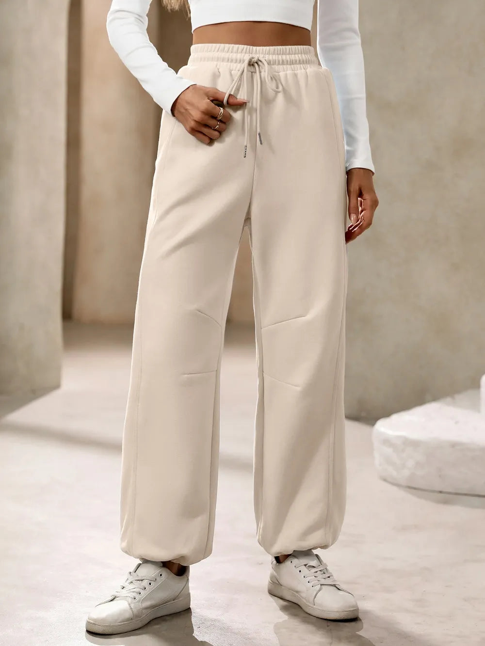 Women's Drawstring Joggers with Pockets | Tan or Light Blue - Tan