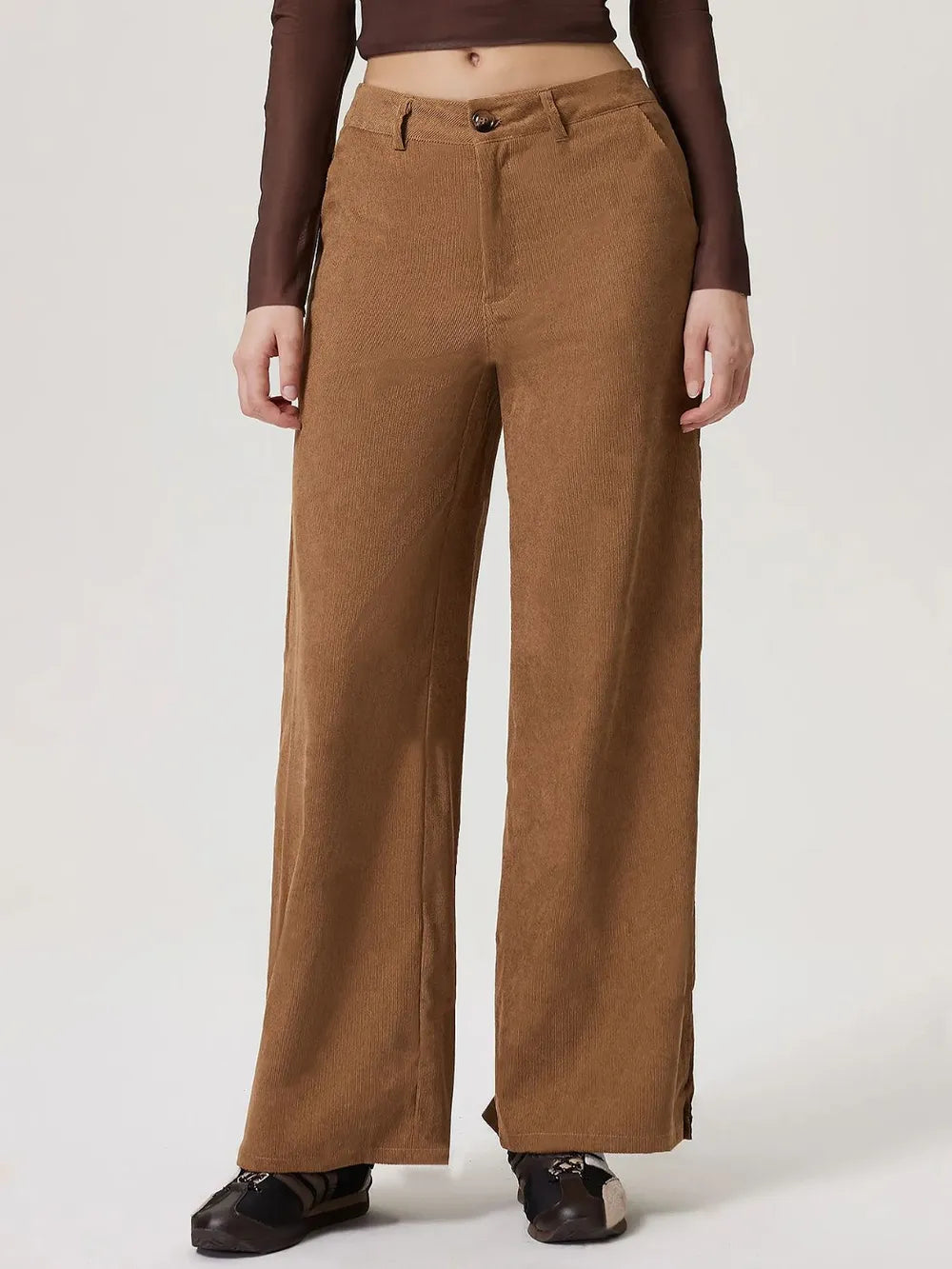 Women's Camel Wide Leg Pants | Buttoned, with Pockets