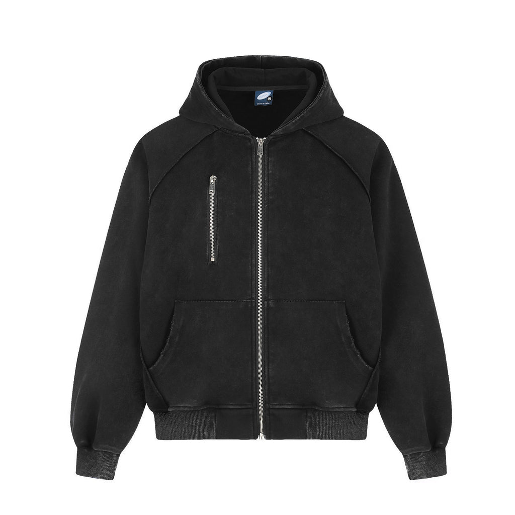 Women's Black Washed Zip-Up Hoodie | Printed, Loose Fit