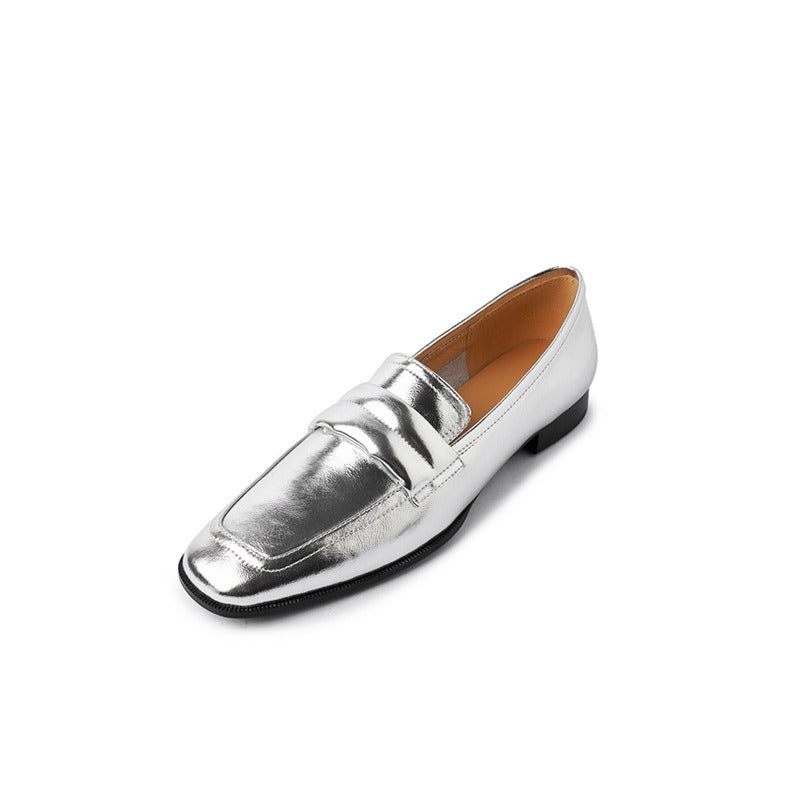 Women's Cowhide Leather Square Toe Loafers | Black, Gold, Silver