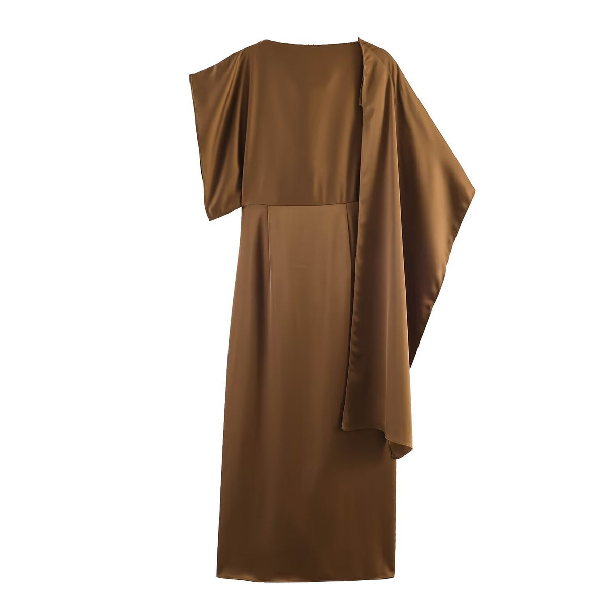 Women's Satin Asymmetric Layered Dress | Long Sleeve, Dark Brown