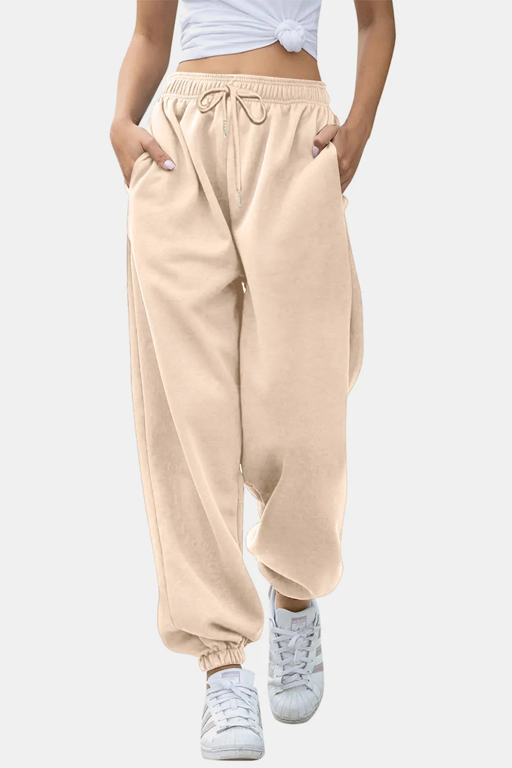 Women's High-Waist Drawstring Joggers | Pockets, Black/Gray/Tan