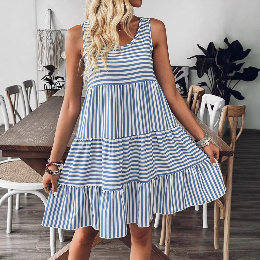 Women's Striped Sleeveless Midi Dress | Loose Fit, Brown or Blue - Blue