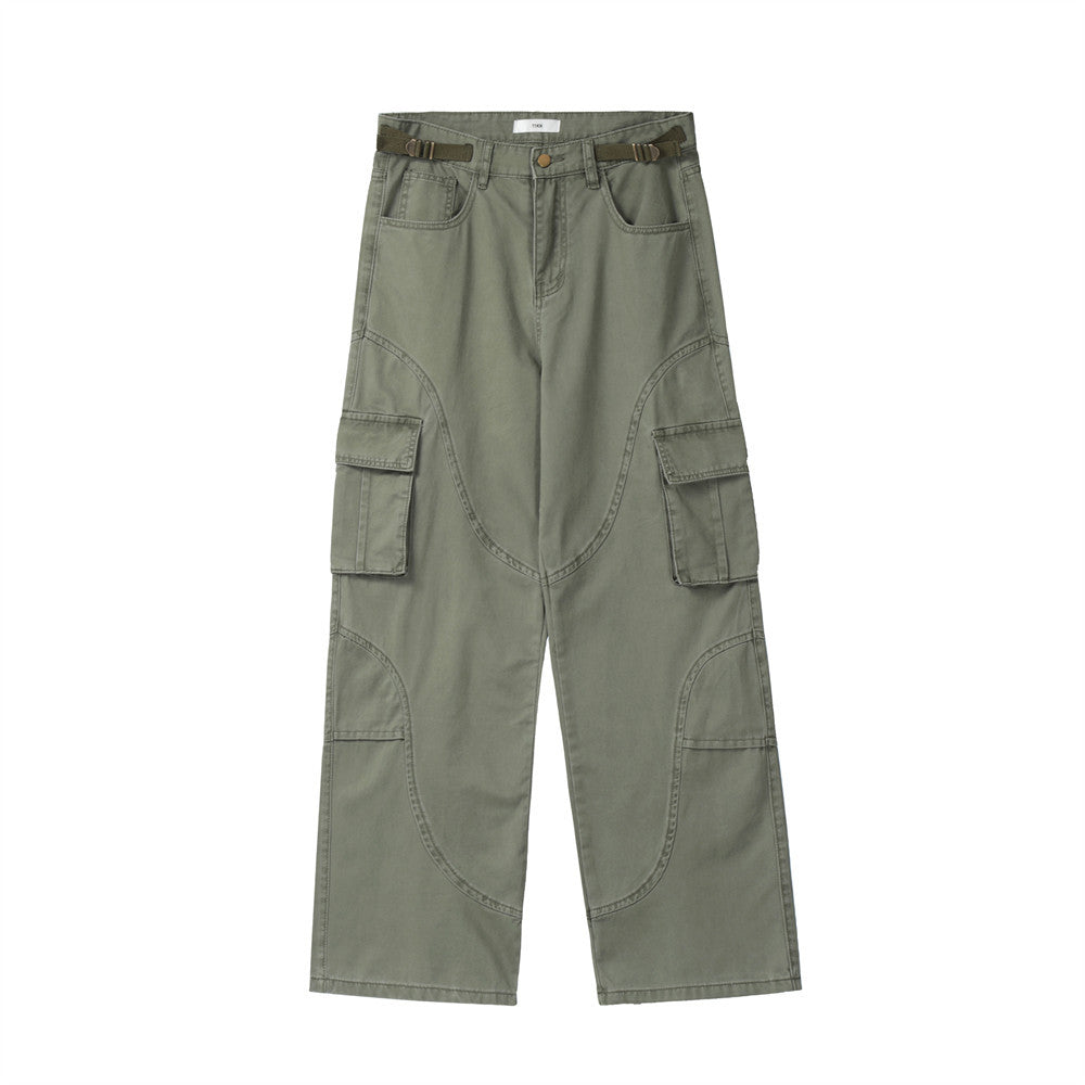 Women's Army Green Denim Wide Leg Pants | Multi-Pocket, Washed