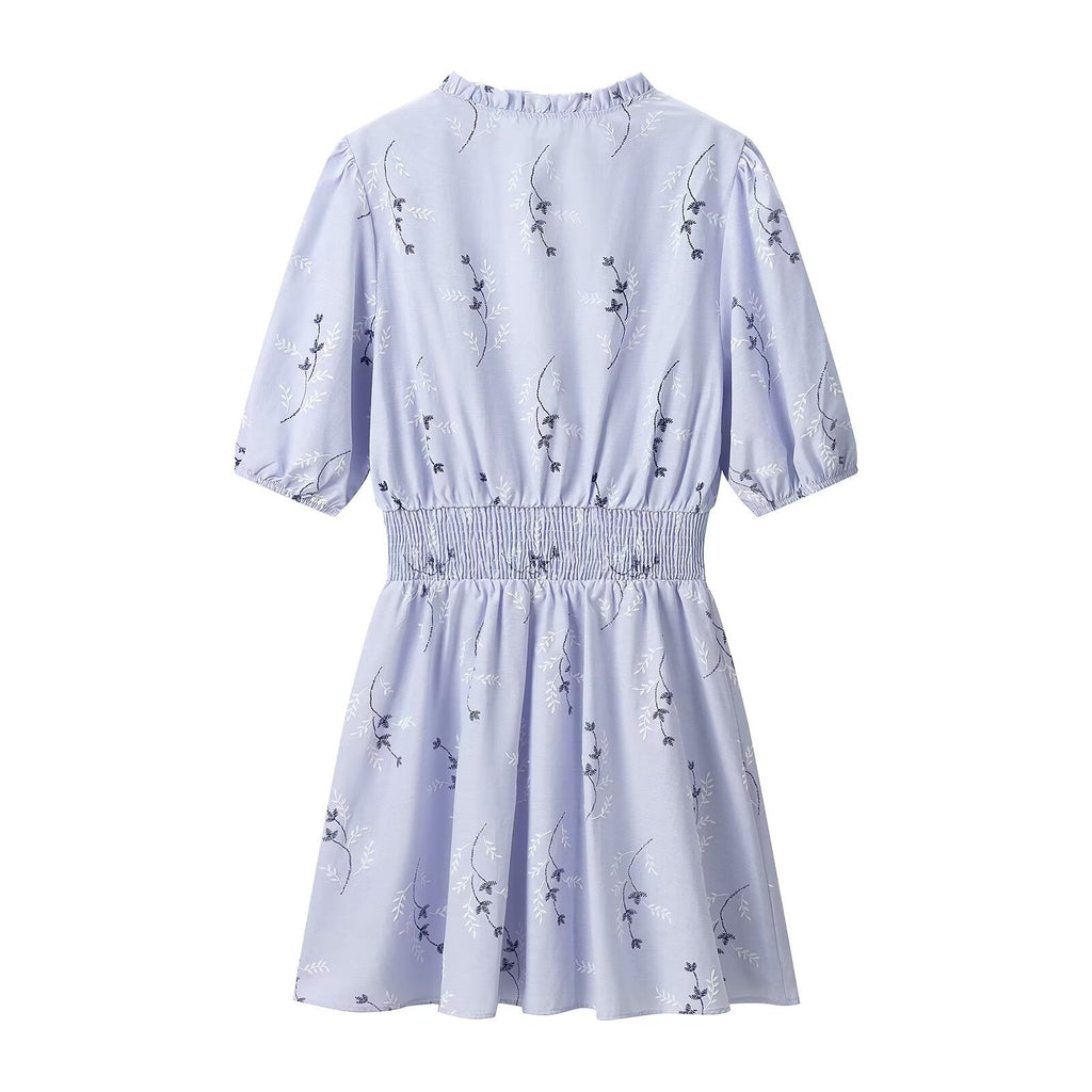 Women's Blue Floral V-Neck Midi Dress | Fitted High Waist
