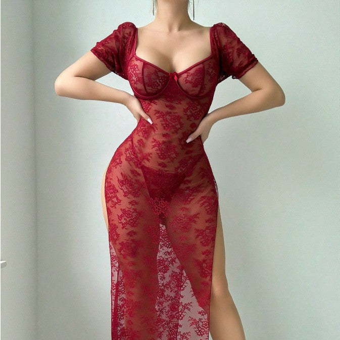 Women's Sheer Lace Bodycon Lingerie Dress | Wine Red, Black