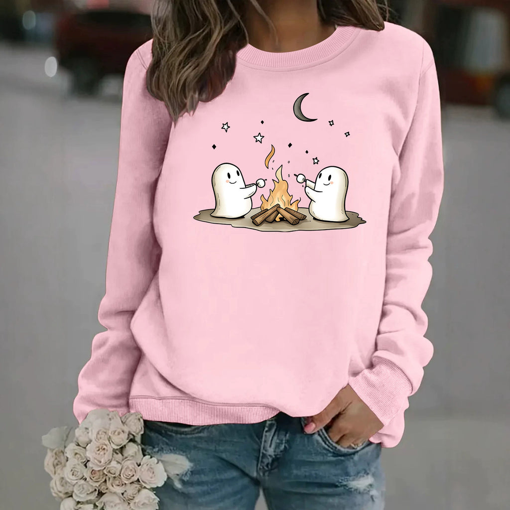 Printed Round-Neck Fleece Hoodie for Women - White