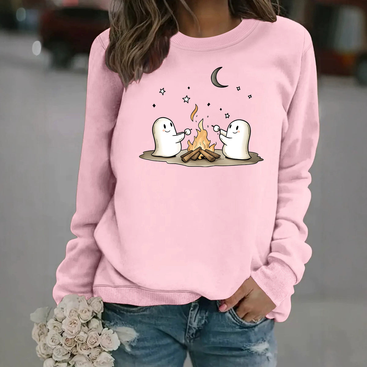 Printed Round-Neck Fleece Hoodie for Women - White