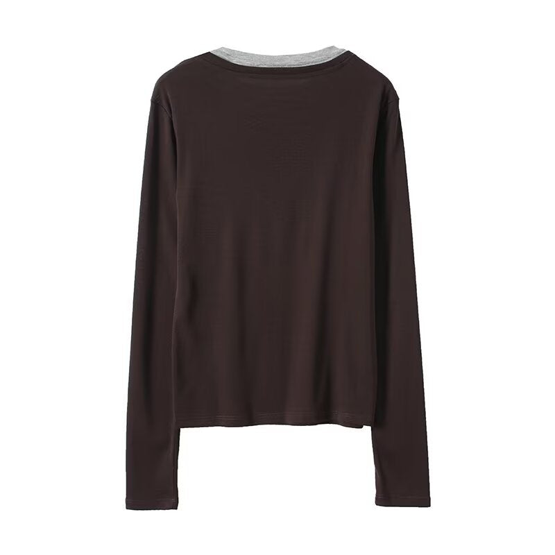 Double-Layer Collar Slim Fit Long Sleeve Top | Faux Two-Piece