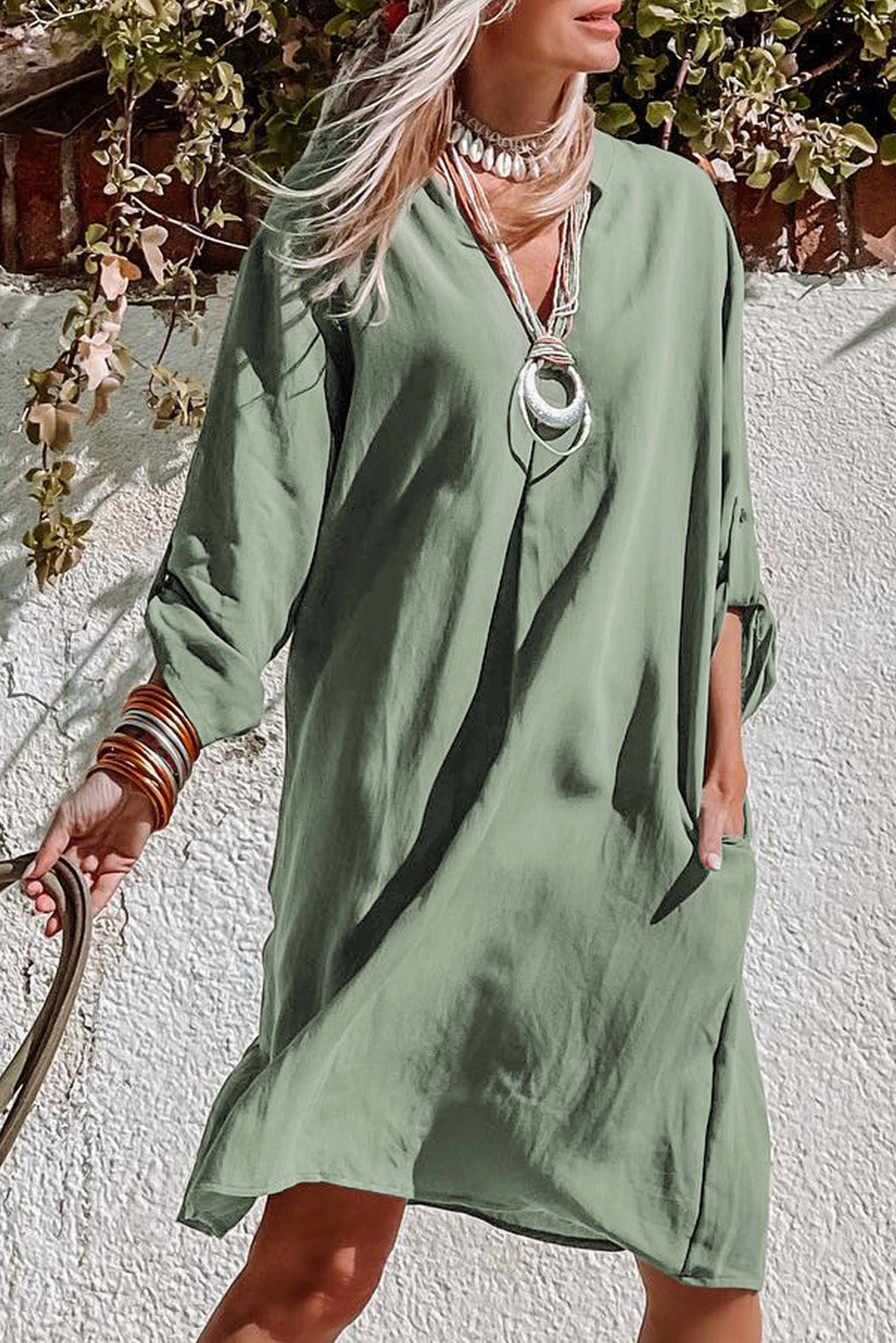 Women's Green Roll-Tab Sleeve Dress | Notched V-Neck, Flowy