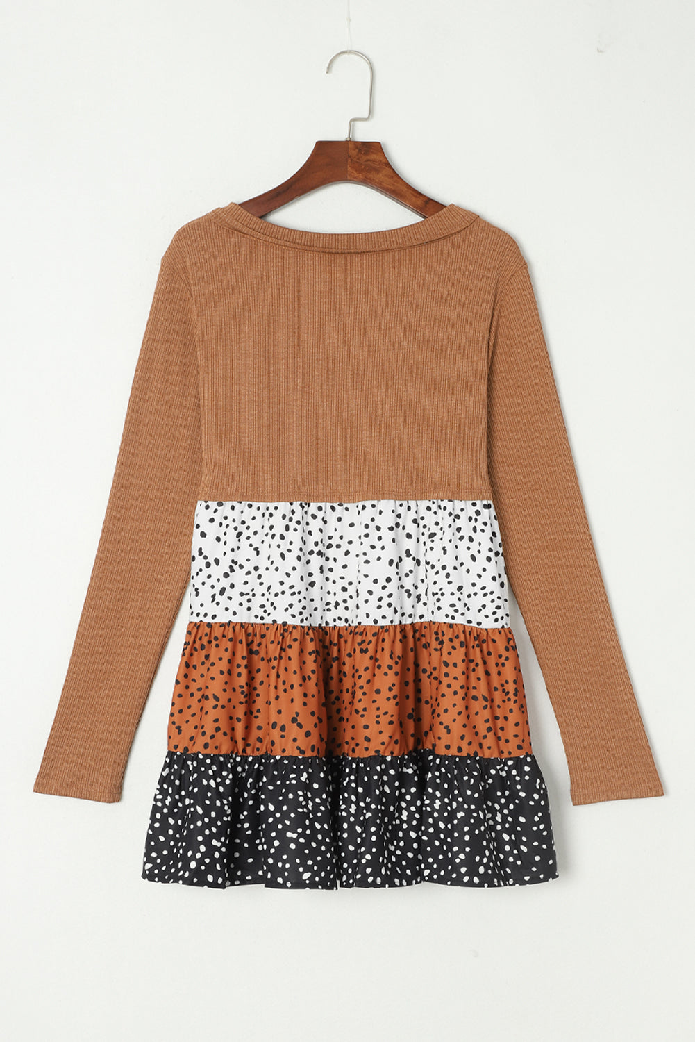 Women's Brown Tiered Ruffle Top | Ribbed Long-Sleeve Flowy Blouse