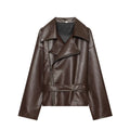 Women's Faux Leather Blazer Jacket | Notch Lapel, Dark Red