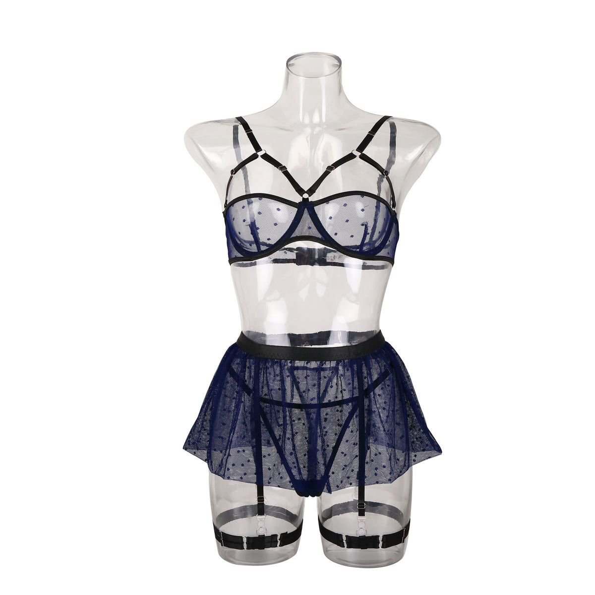 Women's Blue Lace Lingerie Set | 4-Piece Sheer Mesh