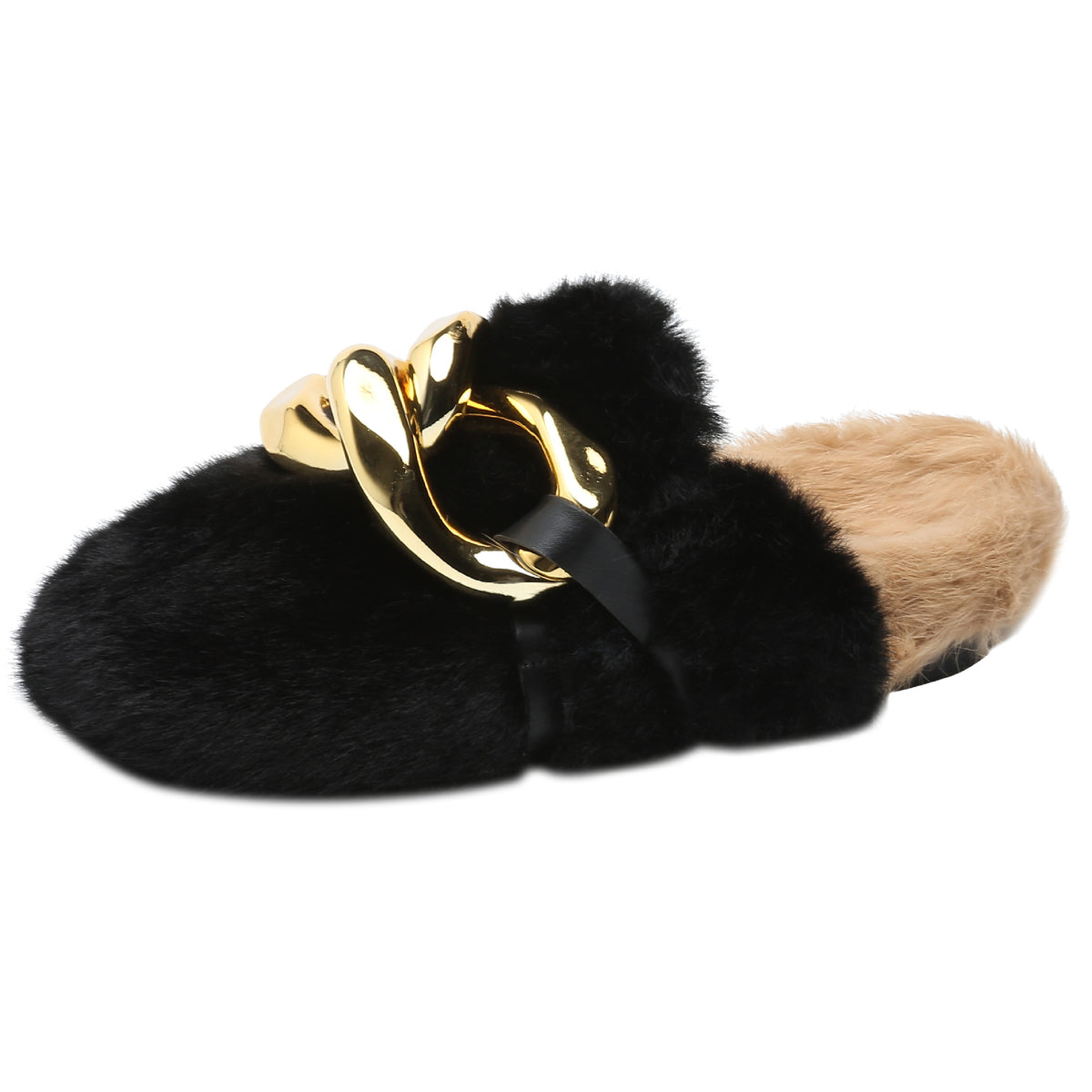 Women's Fluffy Slingback Flats | Gold Chain Detail, Round Toe