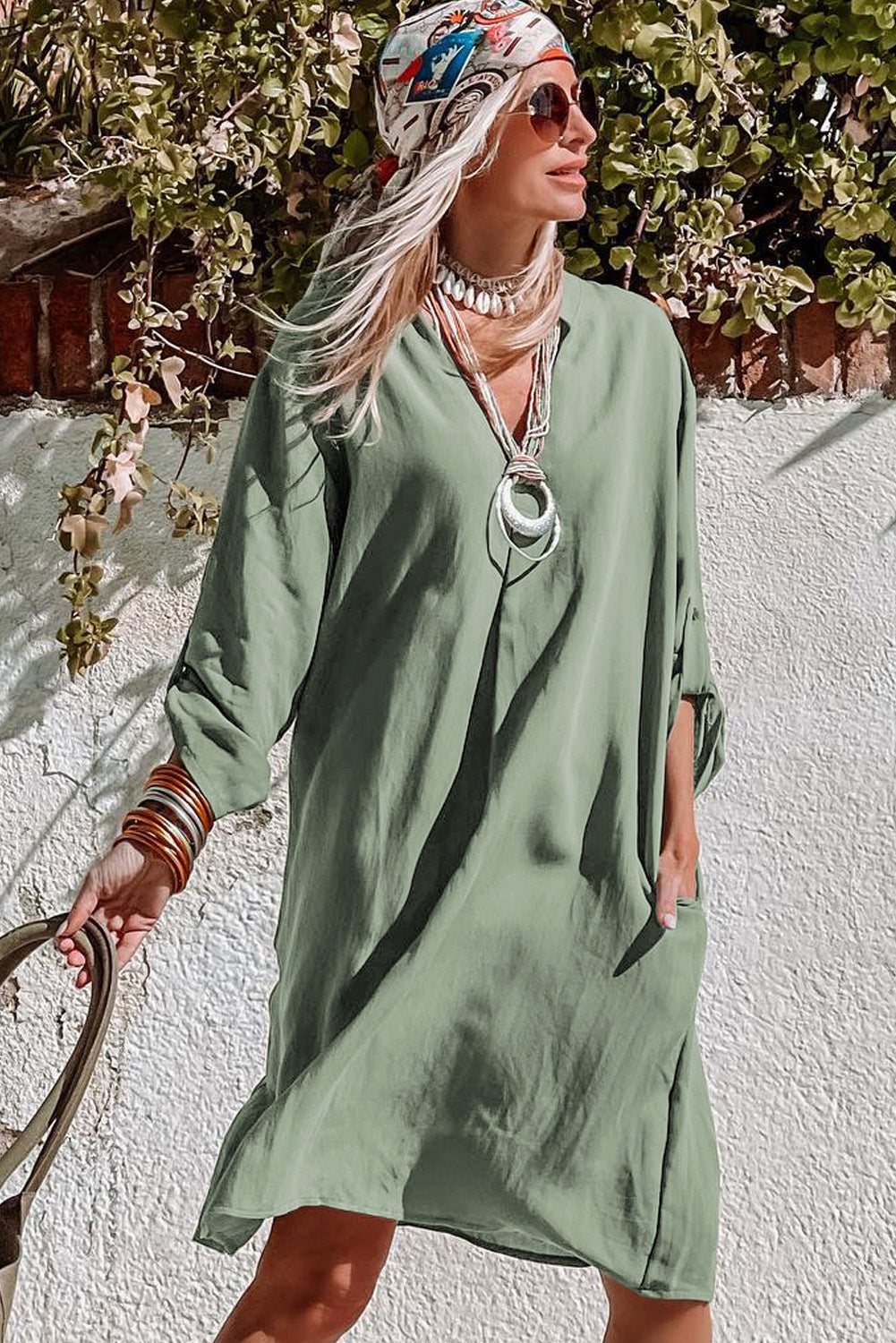 Women's Green Roll-Tab Sleeve Dress | Notched V-Neck, Flowy