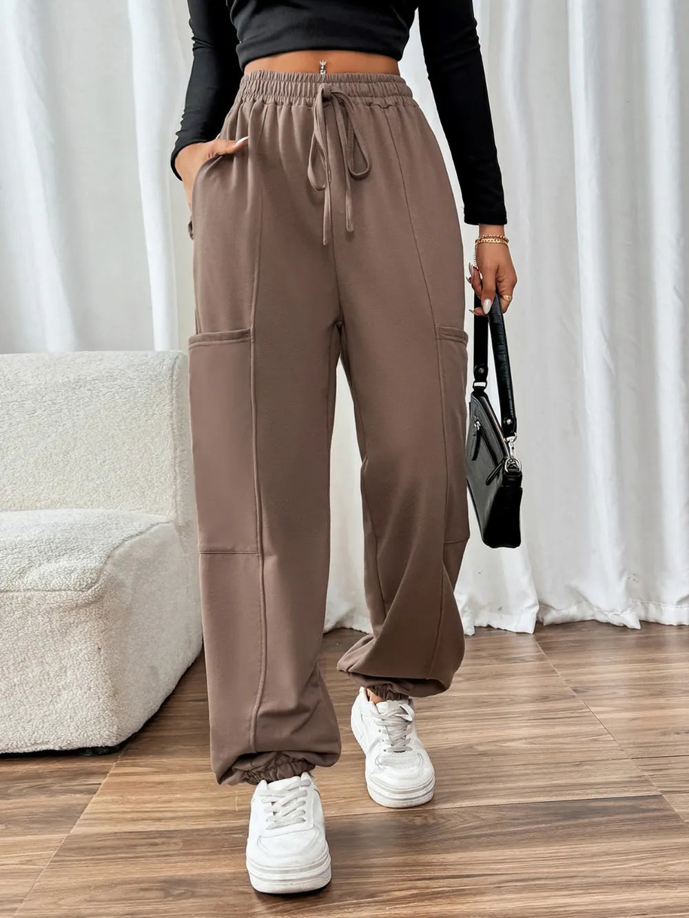 Women's Taupe Tied Joggers | Cotton Blend with Pockets