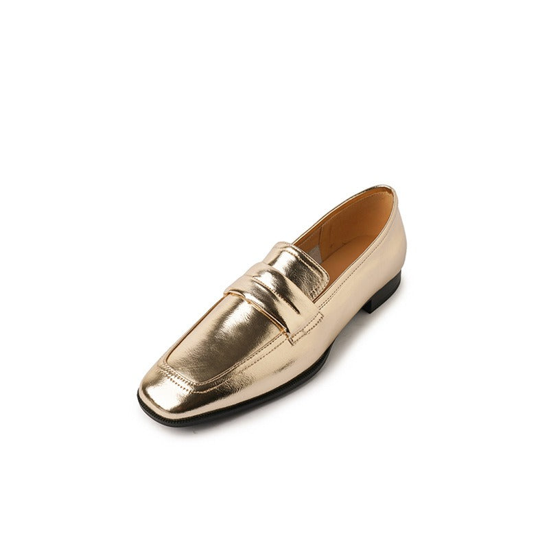 Women's Cowhide Leather Square Toe Loafers | Black, Gold, Silver
