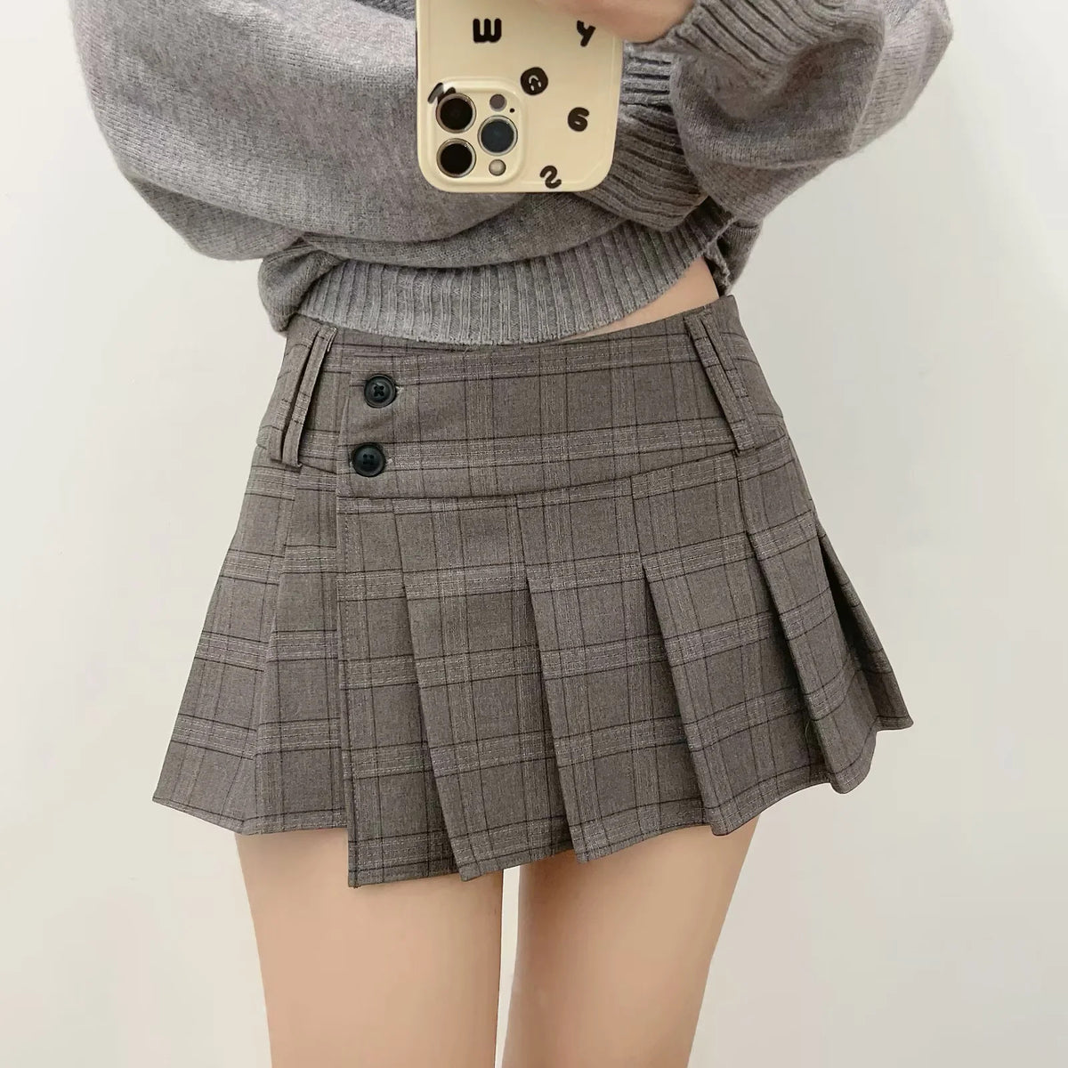 Women's Plaid Pleated Mini Skirt | Denim, Black & Gray or Gray - Gray