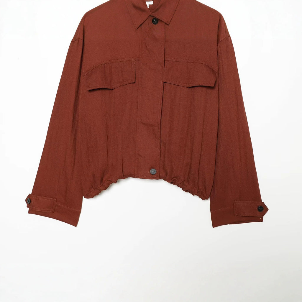 Women's Loose Stand Collar Zip Jacket | Pockets, Dark Red