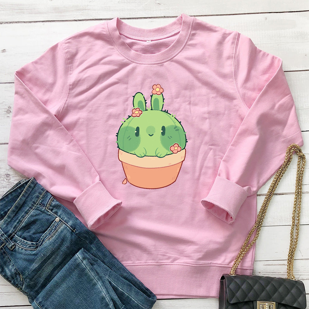 Women's Printed Crew Neck Pullover Hoodie | Cotton, Loose Fit, 8 Colors