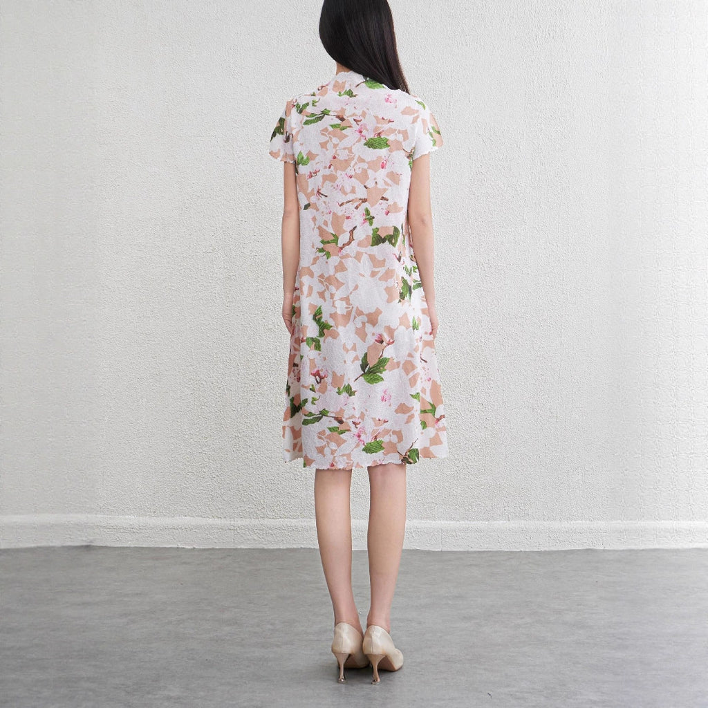 Women's Floral Pleated Midi Dress | Short Sleeve, Round Neck - Pink