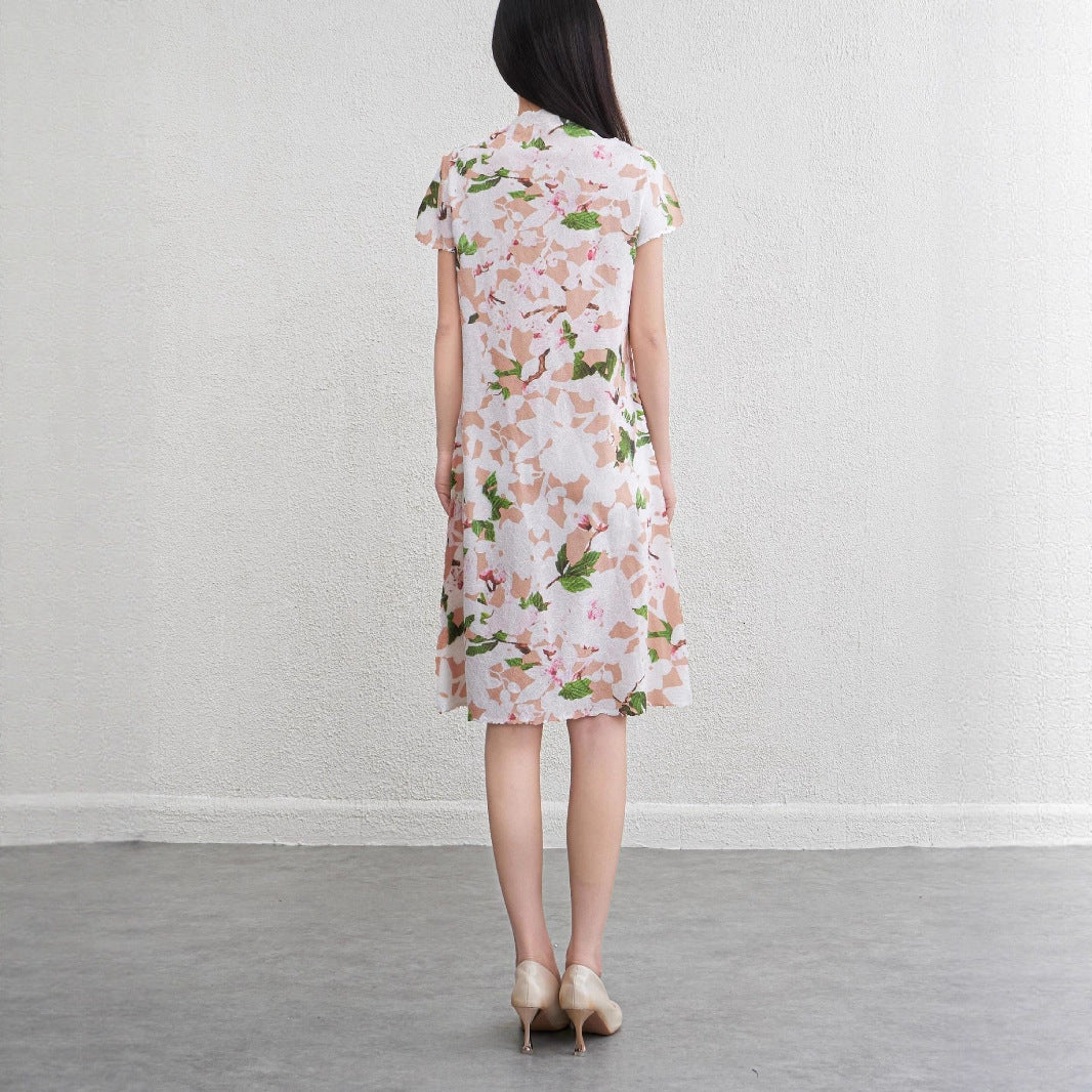 Women's Floral Pleated Midi Dress | Short Sleeve, Round Neck - Pink