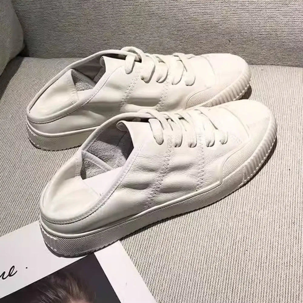 Women's White Lace-Up Sneakers | Sheepskin, Round Toe