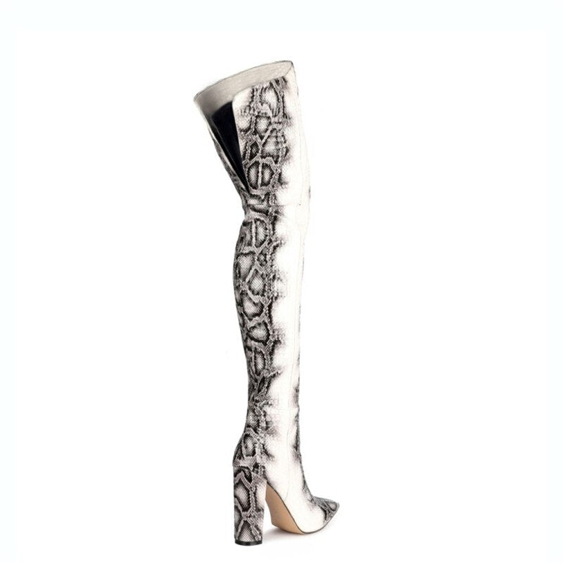 Women's Snake Print Over-the-Knee Boots | 11cm Thick Heel